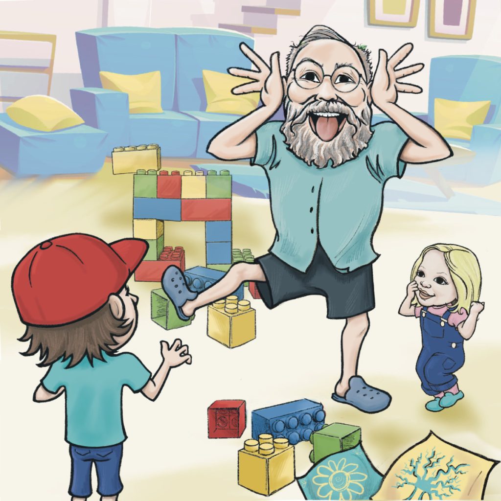 digital colour illustration for a children's book with a grandpa and two grandchildren