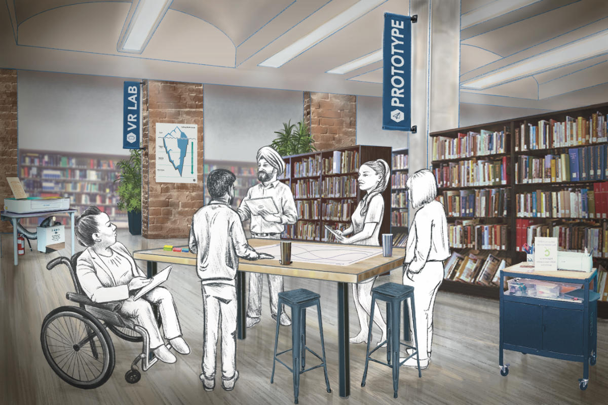 digital illustration for Innovation Lab collaborative change maker, maker space brainstorm, library
