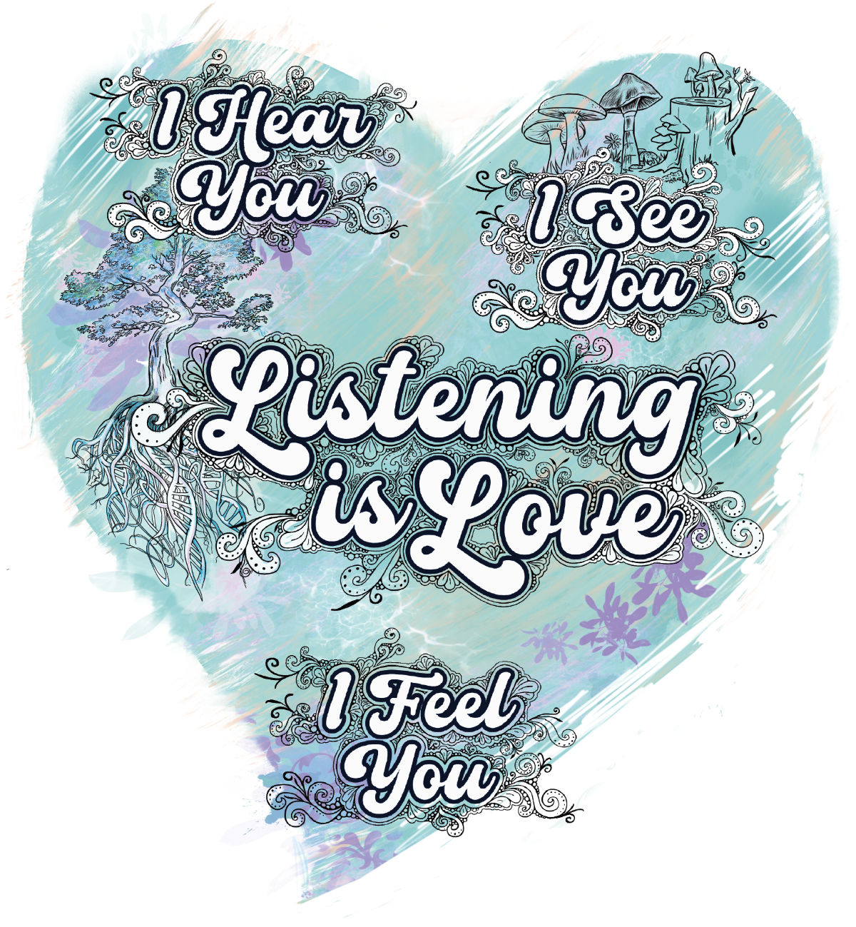 Digital illustration, Listening is Love heart design with mushrooms and mother tree
